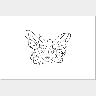 fairy woman fine line drawing hearts stars Posters and Art